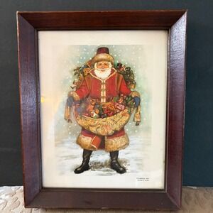 Vintage 1991 Caffco Framed Santa Claus Christmas Print Old World Holiday Decor